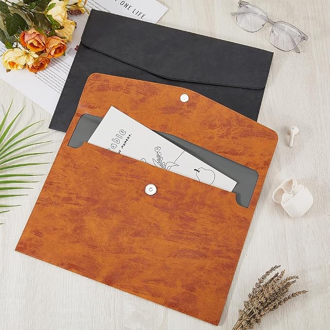 Waterproof A4 PU Leather Envelope File Holder Brown Thin Document Folder Portfolio Filing Oragnizer Pocket Storage Case with Snap Closure for Receipt Contract Stationery Tablet