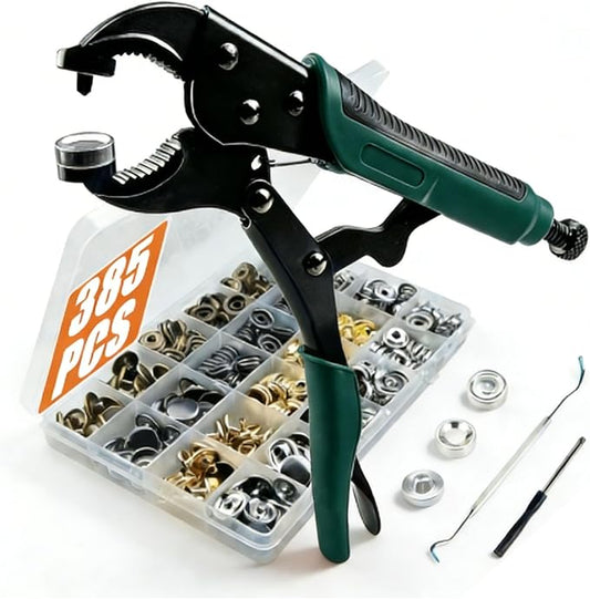 385 PCS Snap Fastener Tool Kit with Snap Buttons for Fabric, Boat Cover, Canvas Tarp, Leather, Clothing, Heavy Duty Snap Setter Tool, Metal Snap Buttons with Fastener Pliers Kit, 100 Sets 4 Color