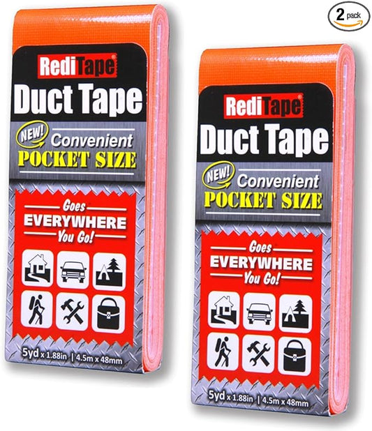 Travel Size Fluorescent Orange Duct Tape 2-Pack - Pocket Size Flat Mini Roll - for Repairs Outdoors Emergency Crafts - 1.88 inch x 5 Yards per Pack