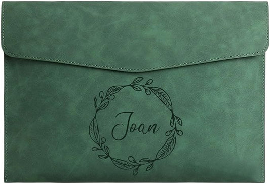 Customized A4 File Folder Expandable File Organizer,Personalized Name PU Leather Envelope Holder for Work、School、Home、Office (Green)