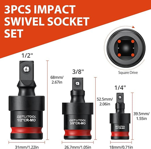 GETLITOOL 3Pcs Swivel Socket Set, Cr-Mo Steel Impact Swivel Socket Set with Corrosion-Resistant Finish, Full 360° Rotation for Impact Wrenches, 1/4", 3/8", 1/2" Drive, Tools for Men's Gift