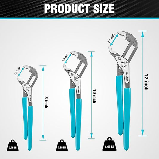 DURATECH 3-Piece Water Pump Pliers Set(8", 10", 12"), Quick-Adjust Groove Joint Pliers with Slide-to-Unlock Mechanism, V-Jaw Design, CR-V Steel, for Plumbing, Automotive, and Household Repairs