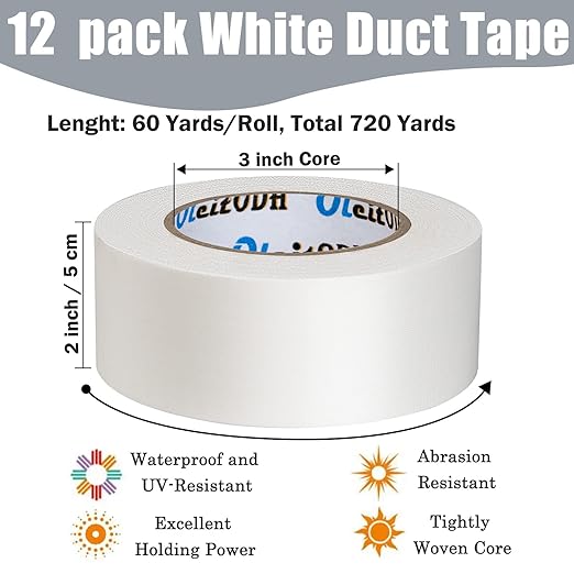 Oleitodh 12 Pack White Duct Tape Heavy Duty,8.3 Mil Thickness,2 Inches x 30 Yards,Strong Industrial Strength,Flexible,No Residue,Waterproof and Tear by Hand,Multi-Use for Indoor & Outdoor Repairs