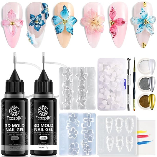 Fcozpjk 3D Gel Nail Art for Nails Starter Kit: 15ML Clear and White 3D Sculpting Gel with 3PCS Silicone Flowers Nail Charm Molds Gold Silver Chrome Powder Ombre Sponges Salon Supplies DIY Manicure