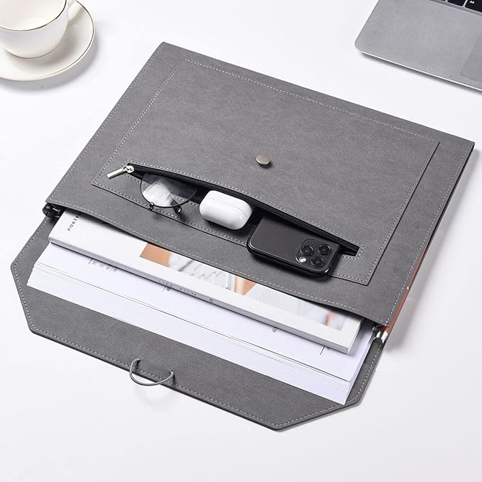 PU Leather A4 File Folder Document Holder 2 Pockets Portfolio Envelope Folder Case with Elastic String 3/4 Inch Expansion (Gray)