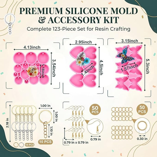 Resin Molds Silicone Kit, Epoxy Casting Keychain Molds with Circle Heart Butterfly Shapes, DIY Jewelry Making Supplies with Keyrings and Ear Hooks for Crafts