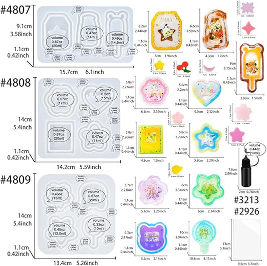 Resin Shaker Molds Set Kawaii Keychain Charms Pack of 9 Epoxy Silicone Trays Precision Tip Applicator Bottle Kit Bundle