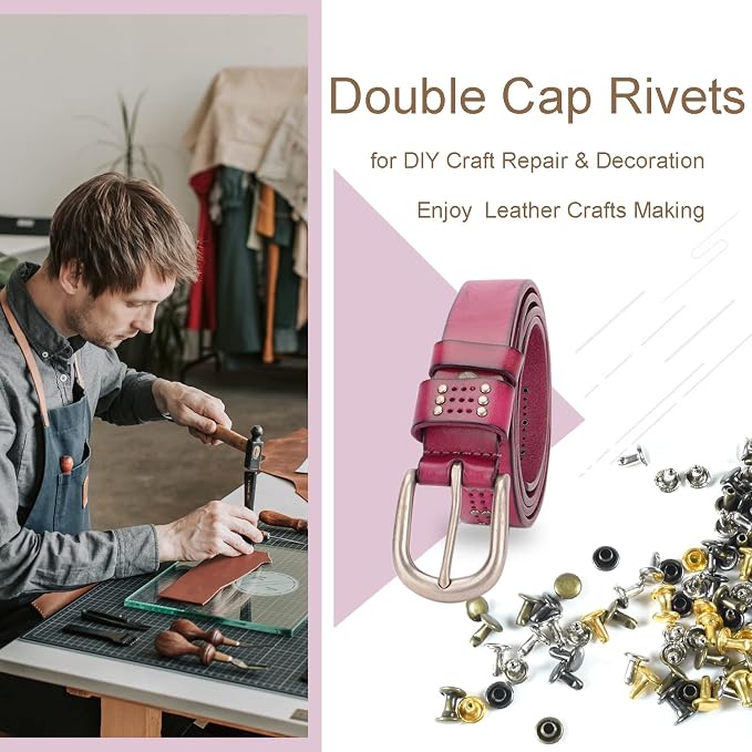400Sets 6mm Double Cap Leather Rivets Kit, Leathercraft Rivet Tubular Metal Rivets Studs with 3PCS Punch Rivets Setting Tools, for Keyring Pets Collar Bag Repair Decorate Crafts Accessories (4 Colors)