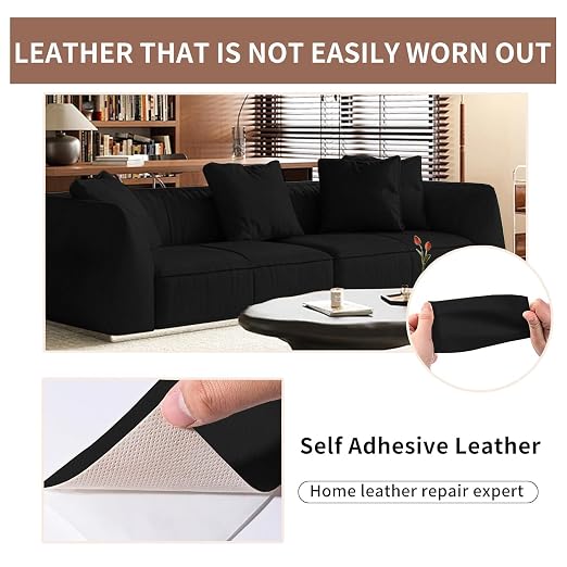 Self Adhesive Leather Repair Patch, 4 x 60 inch Leather Repair Tape, Leather Patches for Furniture, Car Seat,Vinyl Leather Repair Kit for Office Chairs, Couch, Sofa, Luggage (Black)