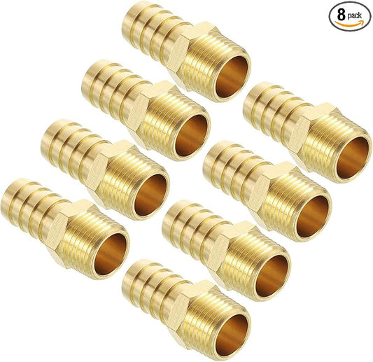 Pack of 8 Brass Hose Barb Fittings Adapter Connector 5/8" Hose Barb to 1/2" NPT Male Fittings for Home Machines, Massage Bathtubs, and Irrigation Systems