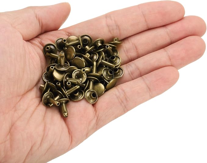 HARFINGTON 100 Sets Double Cap Leather Rivets, 9x10mm Round Cap Tubular Metal Studs Leather Crafting Rivets for Fabric Belt Pet Collar Boot Bag Repair and Decoration, Bronze