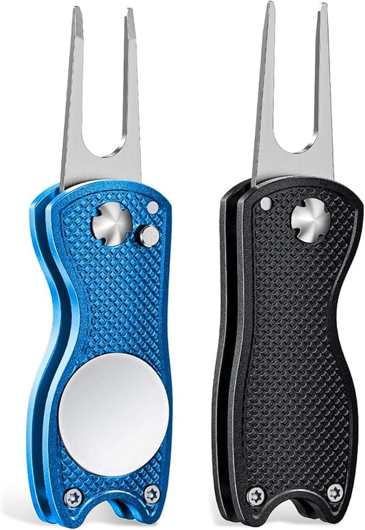 Mile High Life Golf Divot Repair Tool, All Metal Foldable Divot Tool with Pop-up Button & Magnetic Ball Marker, 2-6 Pack