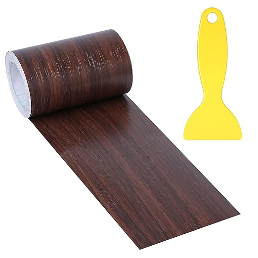 4" X33' Size Realistic Wood Grain Repair Tape, Self Adhesive Wood Grain Repair Patch for Tables, Chairs, Doors, Windows, Floors, Furniture Renovation, Handicraft DIY. With Plastic Scraper. Dark Brown