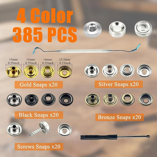 385 PCS Snap Fastener Tool Kit with Snap Buttons for Fabric, Boat Cover, Canvas Tarp, Leather, Clothing, Heavy Duty Snap Setter Tool, Metal Snap Buttons with Fastener Pliers Kit, 100 Sets 4 Color