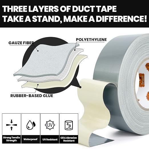 TAPEBEAR 16.5mil Thick Silver Duct Tape Heavy Duty 1.88" x 105FT, Strong Tough Utility Ducting Tape Waterproof, No Residue, Flexible, Hand Tear Binding Tape for Bundle, Patch, Protect & Repair