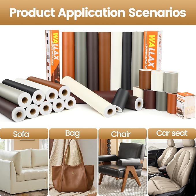 WALLAX Leather Repair Patch, 16 x 79 Inches Self Adhesive Leather Repair Tape for Furniture, Couch, Sofa, Car Seats, Office Chair, Car Interior, Upholstery, Vinyl Repair Kit (Beige)