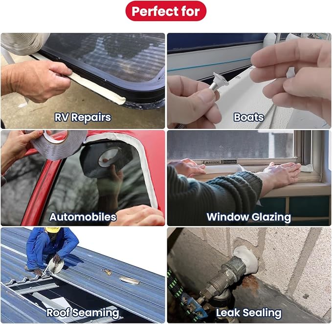 Safoner White Double Sided Butyl Seal Tape– 1/2" Widthx 30' Lengthx 1/8" Thickness– Leak-Proof and Waterproof Sealant for RV Roof Repair, Windows, Vents, and Pipes