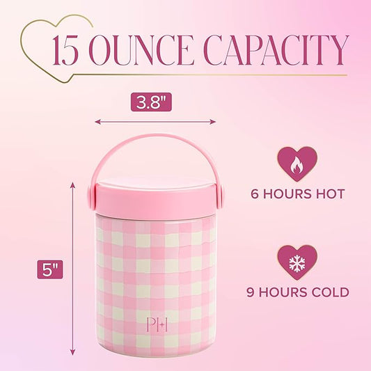 Paris Hilton Limited Edition Gingham Insulated Food Jar, Stainless Steel Vacuum Insulated Food Container with Folding Carry Handle, Leak-Proof Lid, 15-Ounce, Pink
