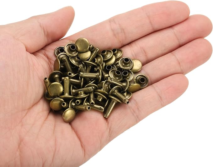 HARFINGTON 100 Sets Double Cap Leather Rivets, 9x12mm Round Cap Tubular Metal Studs Leather Crafting Rivets for Fabric Belt Pet Collar Boot Bag Repair and Decoration, Bronze