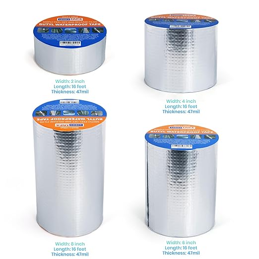 ADHES Upgrade Butyl Tape Waterproof Tape, 1.2mm Thick, 9 Rolls x 8 inch x 16 feet, Aluminum Foil Tape Butyl Sealant tape for RV Repair, Boat and Pipe Sealing, Glass & EDPM Rubber Roof Patching, Silver