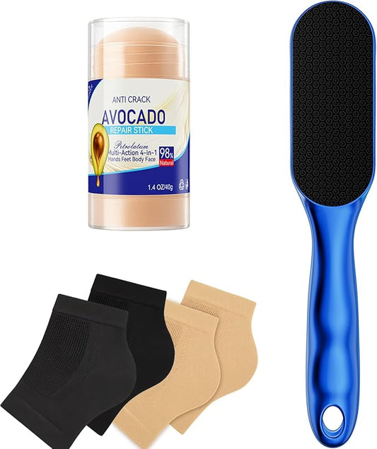 Nano Glass Foot File, Foot Callus Remover & Foot Scrubber for Smooth Feet, Professional Pedicure Tool (Heel Socks & Cracked Heel Stick Included), Blue