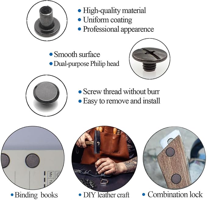 Ironking 100Sets M5 Leather Chicago Screws Assorted Metal Leather Fasteners Buttons Screw Rivets， for Leather Craft Decorate and Repair Belts Bags Shoes Purse (Gunmetal Black, M5*4,5,6,7,8,10)
