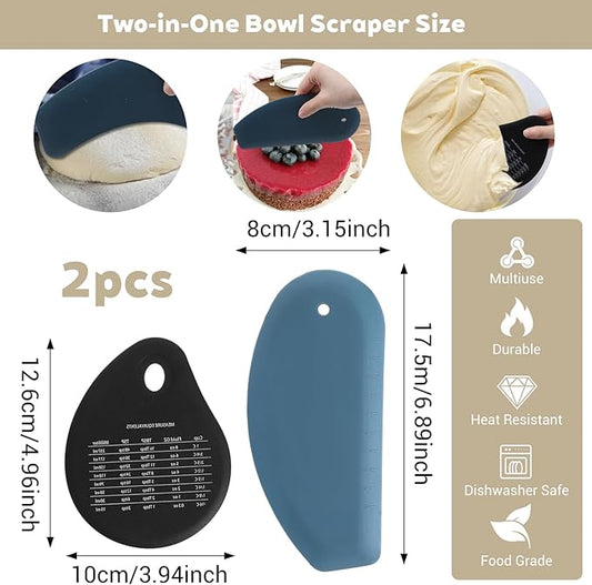 Dough Scraper Tool, 2Pcs Silicone Bowl Scraper Curved Edge Flexible Kitchen Pastry Scrapers for Bread, Cake, Batter, Cheese, Cream, Honey, Jam(Blue, Black)