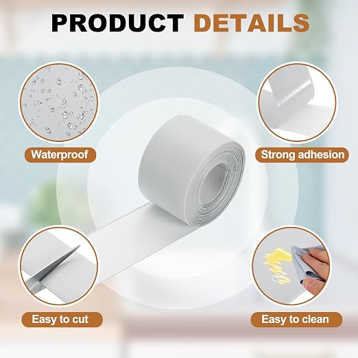 uxcell Caulk Tape Waterproof, 1.5 Inch x 10.5 ft Self-Adhesive Sealant Sealing Strip Caulking Sealant Tape PVC with Tool for Kitchen Sink Toilet Bathroom Bathtub Floor, Gray
