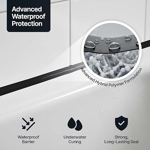 Jet Black Kitchen & Bathroom Sealant & Adhesive Hybrid Polymer | Superior to Silicone Caulk Sealant | Waterproof, Odorless, Paintable | Ideal for Around Bathtub, Shower, Kitchen - 300ml 1 Pack