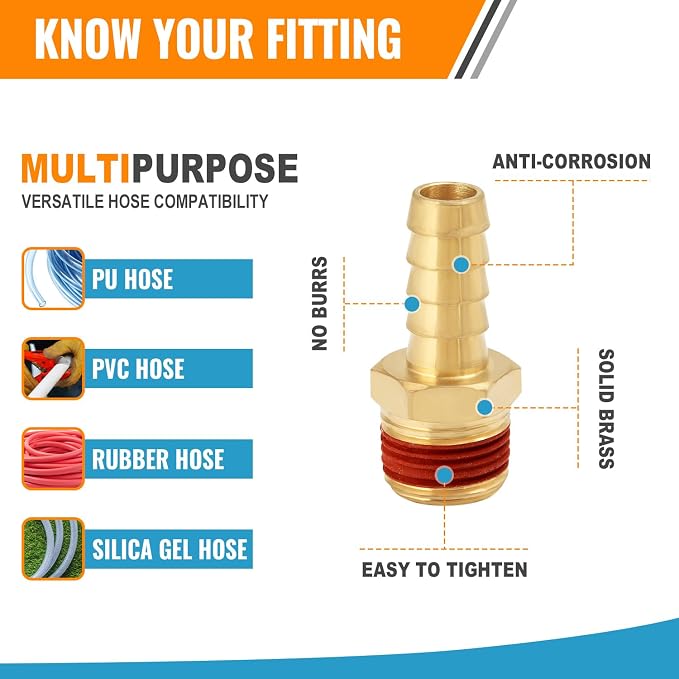 SUNGATOR 2-Pack 1/2" Barb to 1/4" NPT Air Hose Fittings, Brass Air Hose Repair Kit with Sealant, 1/2" to 1/4" NPT Male Brass Fittings, Barbed Gas Line Repair Connectors with 2 Clamps