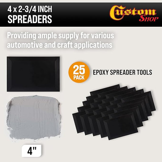 Custom Shop 4 x 2-3/4 Inch Plastic Body Filler Spreader Tools (25 Pack) for Automotive Body Fillers, Putties, Glazes, Epoxy Resin, Caulk, Glues - Double Sided Plastic Spreader Tool