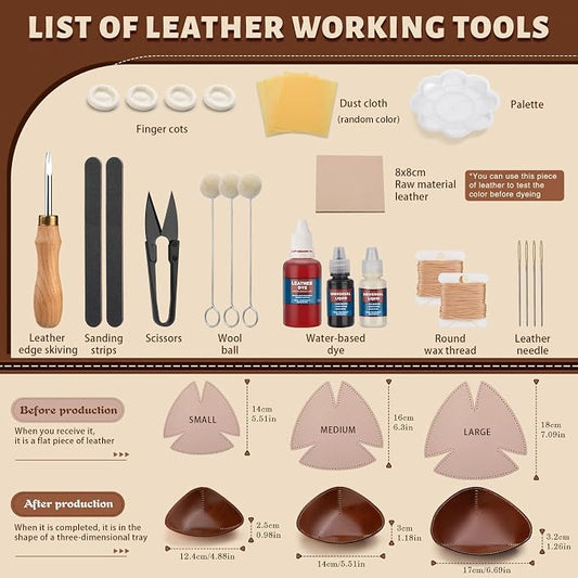 CBHGFEA Leather Tooling Kit Leather Tray Kit (S, M, L) with Vegetable Tanned Edge Beveler Wax Thread and Step-by-Step Video Tutorial for Crafting Desktop Storage Set for Adults