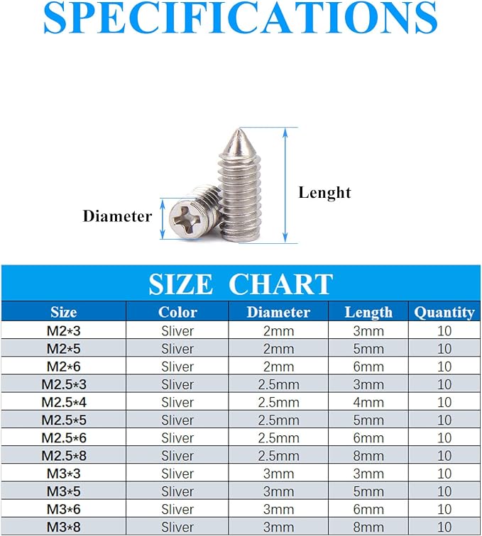 120 pcs Nickel Plated Tip Screws Pointed Cross Slot Leather Accessories 12 Sizes Belt Screws Include M2*3-M2*6, M2.5 * 3-M2.5 * 8, M3*3-M3*8 with 2mm Screwdriver for Belt Buckle Wallet Handbag Purse