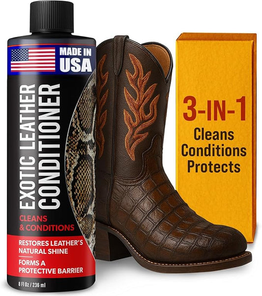 Exotic Leather Conditioner for Boots — 3-in-1 Cleaner, Conditioner & Protectant for Ostrich, Python, Lizard, Caiman & Snakeskin, Leather Boot Care Kit for Cowboy Boots, 8 fl oz Spray, Made in USA