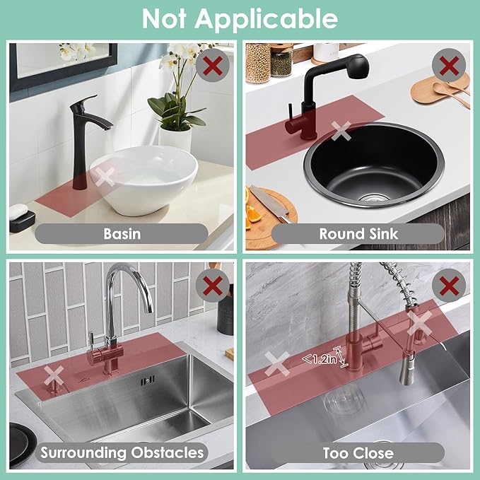 24 Inch Silicone Faucet Mat for Kitchen Sink Splash Guard - 7° Slope Water Draining Mat With Fasten Button for Bathroom Area (Gray, 14.6''x5.5'')
