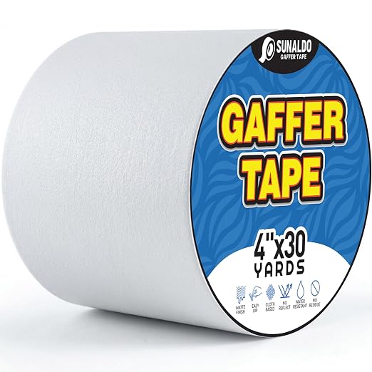 Gaffers Tape Heavy Duty, Easy to Rip, Residue-Free Professional Grade Floor Tape for Electrical Cords, Matte Finish Non Reflective, Weather Resistant (1, White, 4" x 30 Yards)