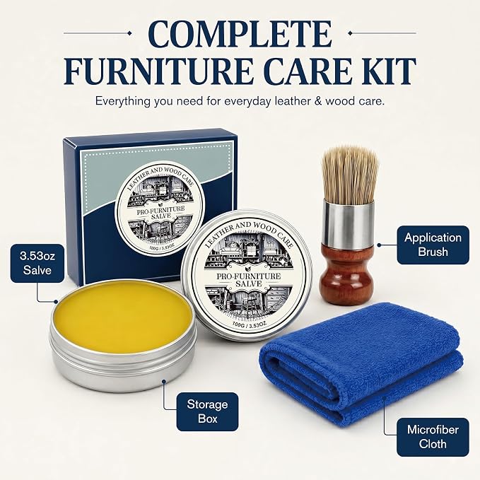 Wood Repair & Furniture Salve - Leather Furniture Salve & Brush Set, Leather Couch Conditioner for Wood & Leather Conditioner, with Furniture Wax, Prevents Cracking & Fading
