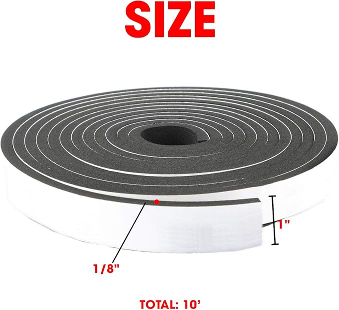 Neoprene Foam Strip Roll By Dualplex, 1" Wide x 10' Long x 1/8" Thick, Weather Seal High Density Stripping with Adhesive Backing – Weather Strip Roll Insulation Foam Strips