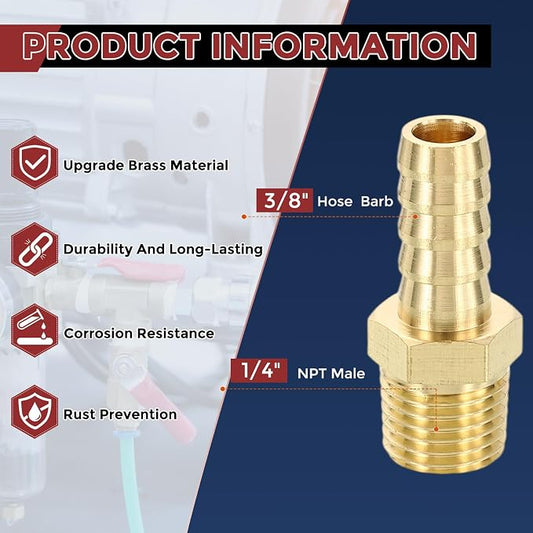 Pack of 12 Brass Hose Barb Fittings 3/8" Hose Barb to 1/4" NPT Male Fittings with 12pcs Stainless Steel Hose Clamps for Home Machines, Massage Bathtubs, and Irrigation Systems
