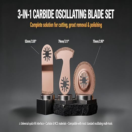 3-Pack Carbide Oscillating Saw Blades Set, Multifunction Tool Blades with Semicircle, E-Shape & Curved Design for Grout Removal, Tile Cutting, Wood and Metal