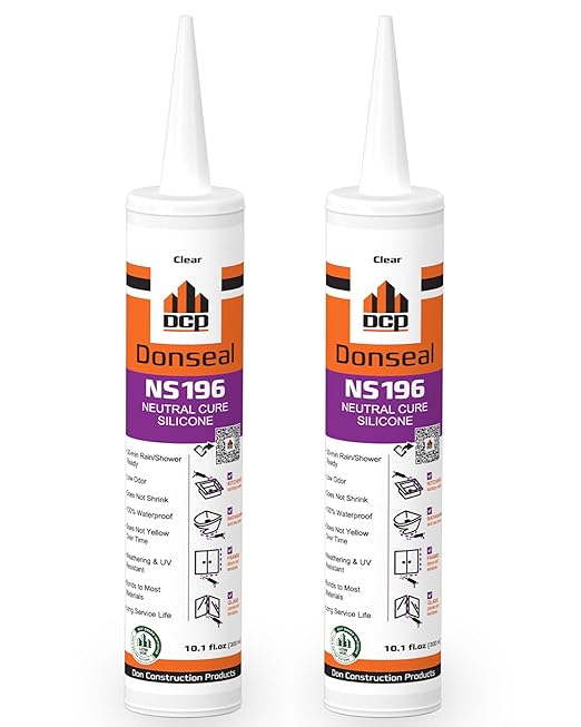 DCP Donseal NS196 Silicone Caulk Sealant 2 Pack – 100% Silicone Tube for Bathroom, Kitchen, Outdoor, Bathtub and Window Seal, 10.1 fl oz – Clear