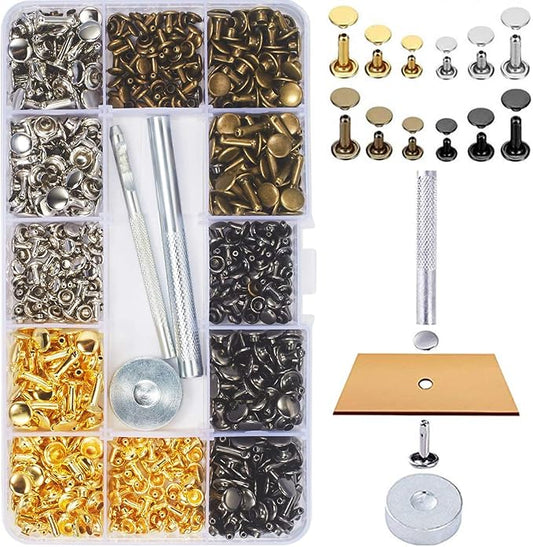 360 Sets Leather Rivets, Double Cap Rivets for Fabric, with Setting Tool Kit for Crafts Repairs/Clothing/Belts Strap