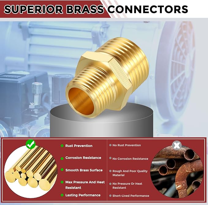 Pack of 2, 1/2" MNPT to 3/8" MNPT Solid Brass Hex Nipple Hose Connectors, Male Pipe Adapter for Pipe Leak Repair, Bathroom Remodeling, Tool Extensions, Compression