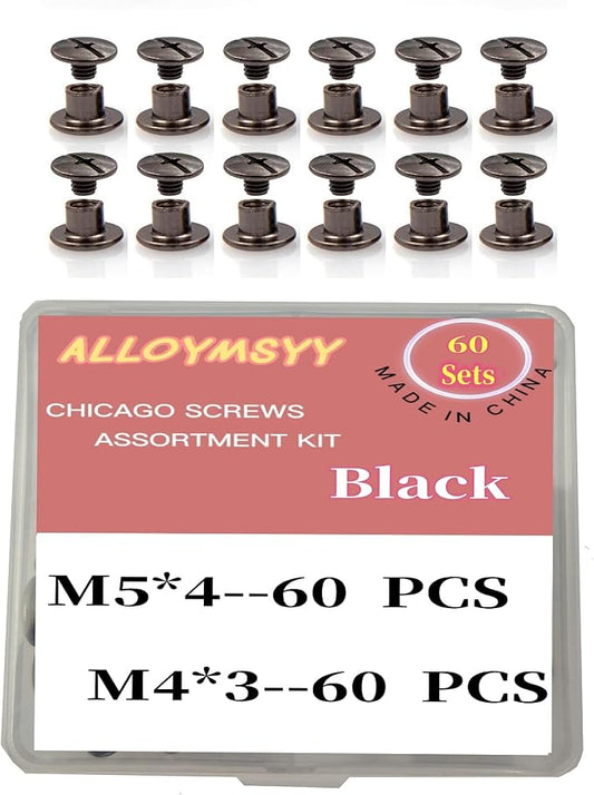 60 Sets M5*4mm Gun Black Leather Rivets Screws Rivets Chicago Binding Screws Adjust and Repair Leather Craft Belts, Bags, Shoes, Purse Bindings