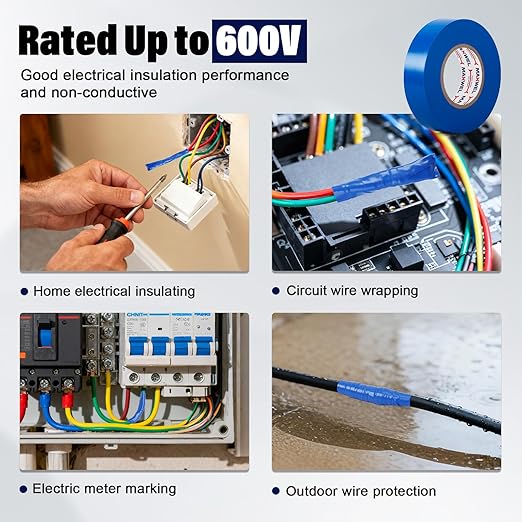 Blue Electrical Tape Waterproof - Professional Grade Insulation Vinyl Electrical Tape Flame Retardant for All Up to 600V Home and Industrial Electrical Repair 3/4 Inch 60 Feet 2 Rolls