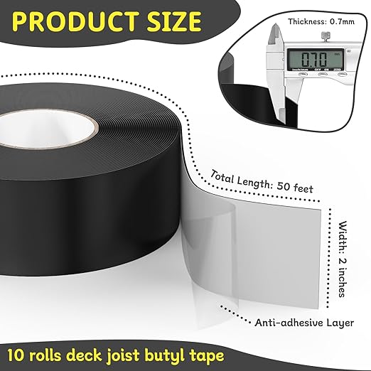 Joist Tape for Decking 2'' X 50', 10 Rolls Weather Resistance Butyl Tape, Waterproof and Anti-Corrosion, Self-Adhesive for Wood Joists Decks Beams Roof Rv
