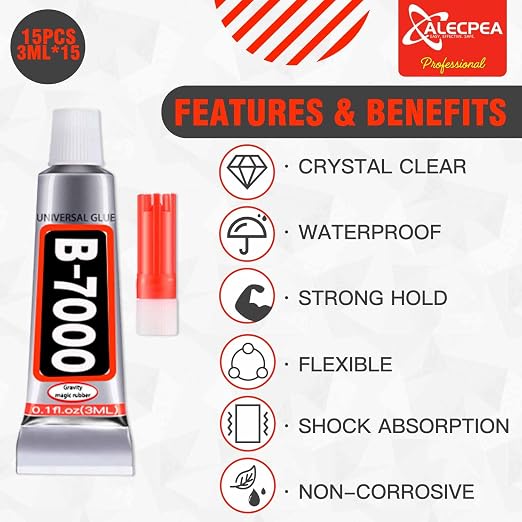 B-7000 Craft Glue for Jewelry Making - 3ml/0.1oz (15 Pack) - Multi-Function B-7000 Super Adhesive Glues Liquid Fusion Glue for Rhinestones Crafts, Clothes Shoes, Fabric, Jewelry Making, Cell Phones
