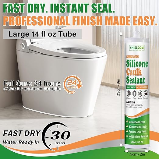 SHIELDOM Silicone Caulk White Silicone Sealant 100% Waterproof All Purpose Caulk & Seal with Caulking Tool Stronger Adhesion Shrink & Crack Proof for Kitchen, Window, Bath, Marine, Door 14oz/400ml