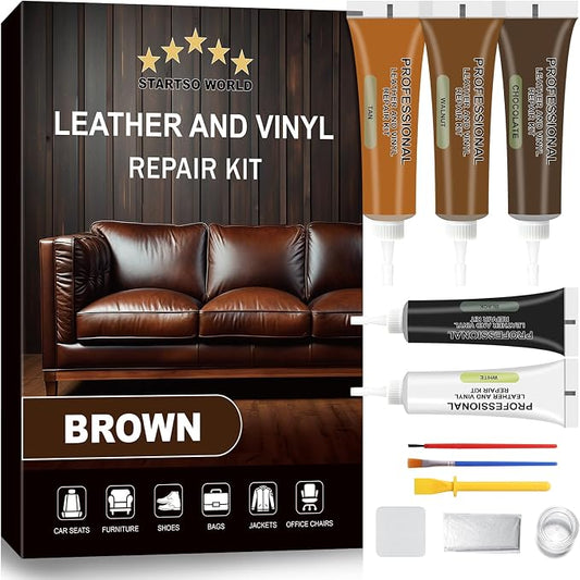 STARTSO WORLD Brown Leather & Vinyl Repair Kit for Furniture, Couches, Car Seats, Sofas, Boat Seats, Jackets with Easy Instructions, Repair Scratches, Tears, and Holes in Pleather, Genuine Leather