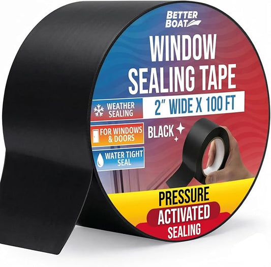 Window Sealing Tape Black 2 Inch x 100 FT, Weather Seal for Windows, Doors and AC Units, Waterproof UV Resistant, Damage-Free Removal - Better Boat